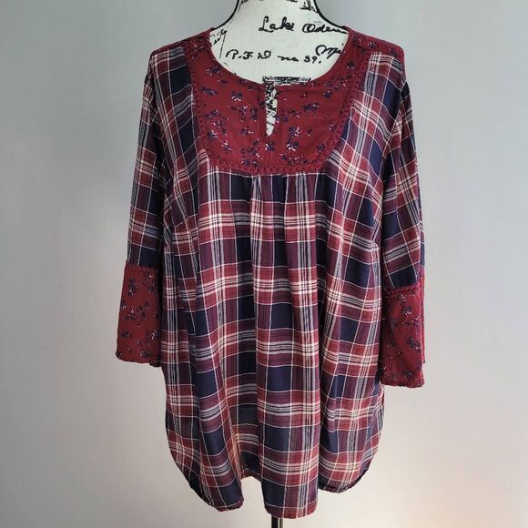 Catherines 1X red plaid floral patchwork peasant blouse flared sleeve country co - Picture 1 of 11